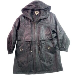 VTG 90s JLC Women's Black Leather Long Coat / Jacket with hood size Medium.